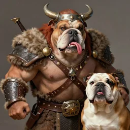 grinning hybrid [ bulldog and man ] barbarian, fantasy warrior, drooling, ultra detailed, 4 k, style of norman rockwell, style of richard corben.