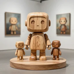 ultra realistic 8k octa photo, wooden art toys on base , cute robot gods , hyperdetailed, concept art ,art gallery