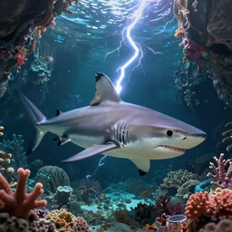 realistic shark, underwater coral cavern, d & d, fantasy lightning magic, digital painting, artstation, sharp focus, 8 k, movie lighting, masterpiece, artgerm, greg rutkowski