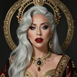 portrait of Lady Gaga, Maximalism, orientalism, diffuse lighting, fantasy, intricate, elegant, highly detailed, lifelike, photorealistic, digital painting, artstation, illustration, concept art, smooth, sharp focus