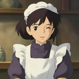 a film still portrait of a cute winking maid, medium shot, finely detailed features, detailed face, cinematic lighting, trending on pixiv fanbox, painted by makoto shinkai, studio ghibli, greg rutkowski, wlop