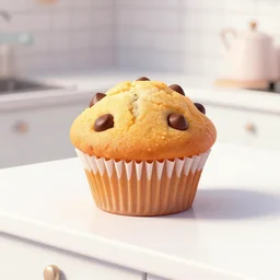a delicious chocolate chip muffin, in a white kitchen, pastel colors, digital art, trending on artstation
