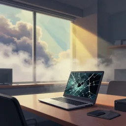 editorial illustration by karolis strautniekas and mads berg, office interior, broken laptop screen, window, liquid clouds, fog, colorful, fine texture, detailed, muted colors, film noir, dramatic lighting, dynamic composition, vivid, matte print, wide angle, ( ( sunbeams ) ), moody