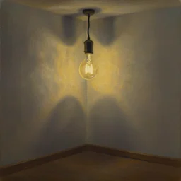 Lightbulb in a lone room casting light on the walls. Norbert Schwontkowski oil painting.