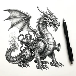 black micron pen illustration, dragon with steam punk apparatus on its side, very fine detail, concept art, high detail, fine pen, white background, artstation
