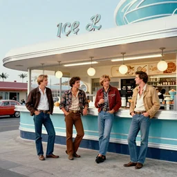 james jean, norman rockwell, edwin lord weeks, googie style architecture, retro futuristic atomic age, space age, greaser biker gang, greaser biker gang hanging out at the ice cream parlour
