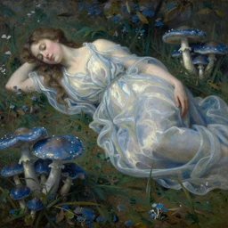 woman laying in a field of blue mushrooms, early morning light, style of old masters, oil painting, soft translucent fabric folds