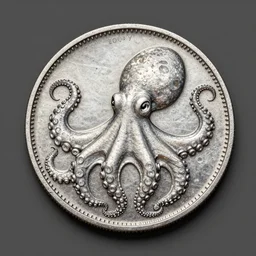 A silver coin in the paws of an octopus, trending on artstation, 30mm, by Noah Bradley