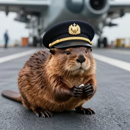 Beaver wearing a peaked cap, on the flight deck of an aircraft carrier