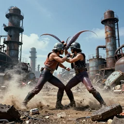 wide angle shot of jet jaguar wrestling a giant squid in an industrial wasteland from the movie jet jaguar returns, vintage, seventies, japanese cinema, cinematic lighting, action scene, cinematic composition, saturated color, 8 k, hd
