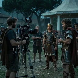 vfx film, on set, on location, big production, roman extras, outdoor, behind the scenes, film production, making of, flat color profile low - key lighting award winning photography arri alexa cinematography, hyper real photorealistic cinematic beautiful, atmospheric cool colorgrade