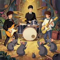 rats playing in a rock band inspired by the beatles, art style by disney, studio ghibli, pixar, intricated, beautiful, dreamlike, 7 0 s pallete, high quality, trending on artstation