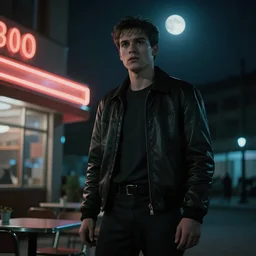An dramatic,  iconic movie shot of an young man as the T-800 , outside an neon-lit cafe at night, with the moon out, detailed, ominous