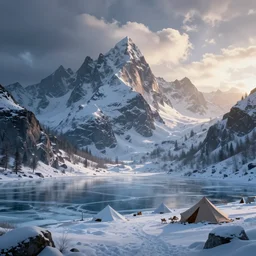 beautiful render of a winter landscape, unreal engine, first light, majestic mountains, frozen lake, snow, dramatic clouds, encampment, soft light, by greg rutkowski, cgsociety