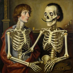 skeleton romance by james jean and salvador dali and shusei nagaoka, oil on canvas, exquisitely intricate details, surrealism, neoclassicism, renaissance, hyper realistic, ultra detailed, cell shaded, 8 k
