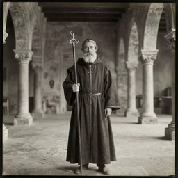 medieval abbot, medieval monastery, hallowed halls, tintype photograph, 1100 AD photography, medieval Italy