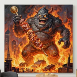 majestic painting of a giant kebab monster terrorising a city in flames by Rubens, by Michelangelo, horror movie poster grain, ultra realistic, most definition, much appreciated