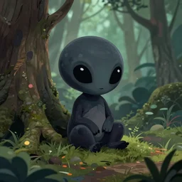 darkness, cute little alien sitting on the forest, fantasy, concept art, artstation, tyler edlin, feng zhu, johannes helgeson, thomas karpi