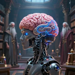 an evil artificial intelligence robot brain designed by the elder gods in a library hyperealistic very colourful hdr cinematic lighting cgi render photorealistic cinematic