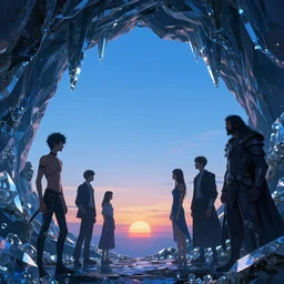 cinematic scene crystal cave sunset, blue, in the style of artgerm and charlie bowater and atey ghailan and mike mignola, epic lighting, vibrant colors and hard shadows and strong rim light, very coherent, comic cover art, plain background, trending on artstation