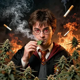 harry potter smoking weed, surrounded by weed plants, joints faling from sky, smoke everywhere, fire smoke dense red eyes, eating weed leaf