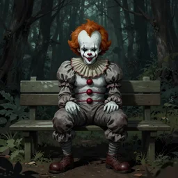 pennywise sitting on a bench in the middle of a dark forest, sinister photo, illustration, digital art, well detailed
