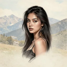 tattoo design sketch of a beautiful girl on faded beautiful mountain scenery, hyper realistic