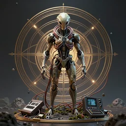 a centered render of an alien bio - organic landscape adorned with cables and synthesizer parts is surrounded by sacred geometry, full body, bio - mech face, powerful, cinematic, beautifully lit, by artgerm, by karol bak, 3 d, trending on artstation, octane render, 8 k