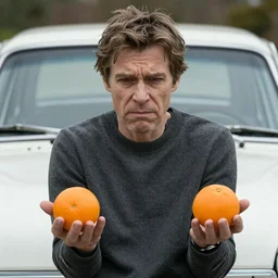 Willem Dafoe in a sweater, with a confused face holding oranges on two outstretched hands, against the background of a retro car, focus on the foreground, realism, details,