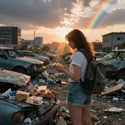 young woman in mini short with backpack looking at food at garbage dump, destroyed cars, city is pure wasteland, moody sunset background, rays of sunlights, ( ( ( rainbow ) ) ), high details, sharp, photorealism, cinematic, greg rutkowski, artgerm, unreal engine, highly detailed