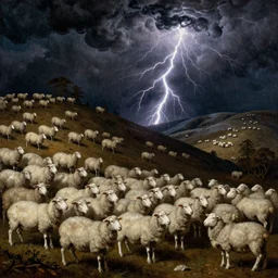 an infinite flock of sheep covering miles of rolling hills, nighttime, darkness, rain clouds, powerful lightning strikes, ominous, ornate, rich color, intricate, highly detailed, oil painting by bosch