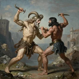 Orpheus fighting the Cyclops, matte painting, high detail, clear resolution