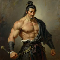 full character of a handsome strong ancient chinese sailor, character design, chignon, painting by gaston bussiere, katsuya terada, nc wyeth, greg rutkowski, craig mullins, vermeer, frank frazetta, mucha, tom of finland, trending on artstation, jeffery catherine jones