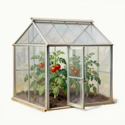 small greenhouse with open front door and tomato plants growing out of it, rembrandt style painting