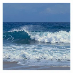 waves crashing on the shore, shades of blue, by eyvind earle