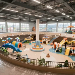 interior view overlooking a wild crazy indoor theme park, located in aspen colorado, bright colored buildings