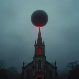 photograph of a dark ball floating on top of a church by chris raimo art, scary, red lights, 1 9 1 6, fog, atmospheric