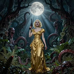 small blonde weared in golden long cocktail dress with scary crying face holding the pistol, 1 9 century, on arkham horror background at night, evil fluid, lush plants, insane, giant tentacles, lovecraft, full bloody moon, light rays, gnarly trees by tom bagshaw, mucha, gaston bussiere, craig mullins, j. c. leyendecker 8 k