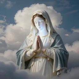 beautiful puffy clouds with white glowing face virgin mary