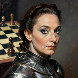 head and shoulders portrait of a female knight, chessboard, painting by salvador dali
