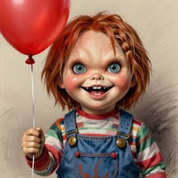 surrealism grunge cartoon portrait sketch of chucky with a wide smile and a red balloon by - michael karcz, loony toons style, minecraft style, horror theme, detailed, elegant, intricate