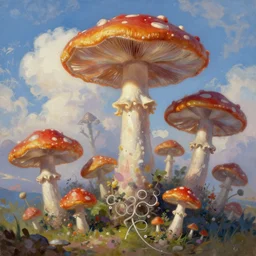 magic mushroom creatures, exotic fauna, surreal, clouds in sky, impressionist painting, digital painting, artstation, rob gonsalves