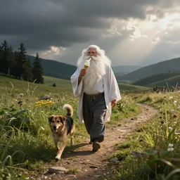 a genie walking a dog while eating an ice cream, photo realistic