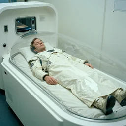 a tight shot of Ripley sleeping inside an all-white room of cryogenic sleeping pods with glass covers by Ridley Scott, Alien movie, grainy, bluish and cream tones