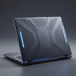 generative design laptop computer with an exoskeleton case, dark plastic, glowing lights, product shot, depth of field, octane render