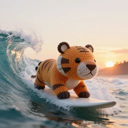 a closeup photorealistic photo of a cute knitted tiger hippopotamus riding a massive wave during sunset. surf in the background. professional capture. brightly lit scene. this 4 k hd image is trending on artstation, featured on behance, well - rendered, extra crisp, features intricate detail, epic composition and the style of unreal engine.