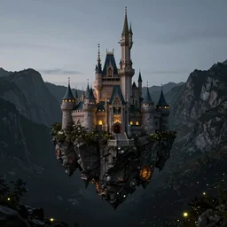 castle floating high mountains inside jewelry mine only darkness background, fireflies, clean sky, hight contrast, void, 8 k resolution, unreal engine 5, hyper - detailed, perspective view, 2 4 mm lens, by simon bisley, beeple, justin gerard