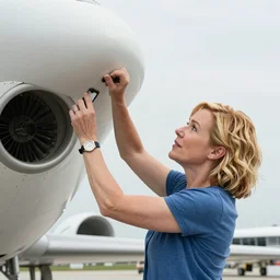 elizabeth banks fixing an airplane, photorealistic