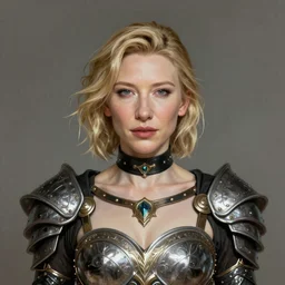 portrait of cate blanchett as a warrior woman, looking at camera, d & d, choker on neck, stylish armor, intricate, elegant, stylish, fierce look, fantasy, extremely detailed, digital painting, artstation, concept art, smooth, sharp focus, illustration, stunning lighting, art by artgerm and simon stalenhag
