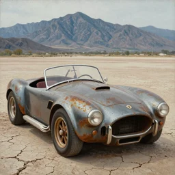 closeup of rusty shelby cobra, mountains in the background, full car, weathered, convertible, desert, cracked dry lake bed, by Zdzislaw Beksinski, Norman Rockwell, sorayama, al duke, Valter de Morais, highly detailed, soft lighting, film grain, 8k resolution, hd, oil on canvas